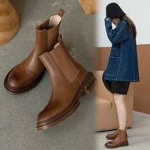 Load image into Gallery viewer, Round Toe Thick Heel Leather Boots