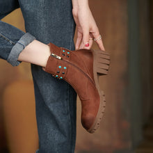 Load image into Gallery viewer, Round Toe Thick Heel Leather Boots