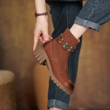 Load image into Gallery viewer, Round Toe Thick Heel Leather Boots
